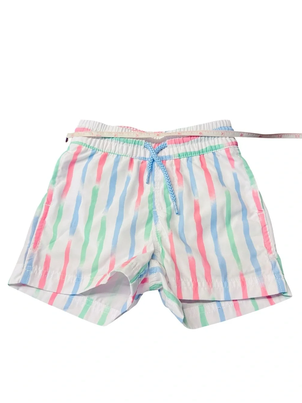 The Beaufort Bonnet Company Boys' White Swim Trunks with Pastel Stripes